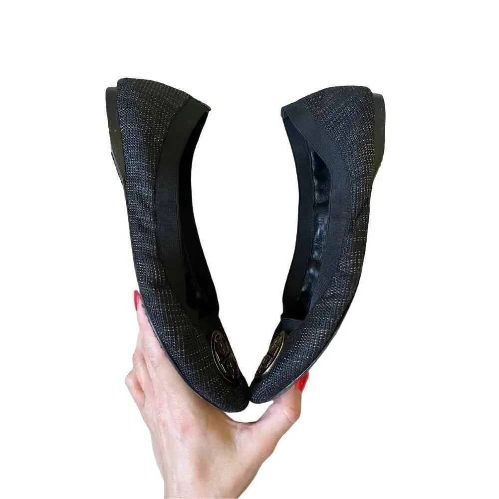 Tory Burch Caroline Black Flats with Gold Metallic‎ Thread 8.5